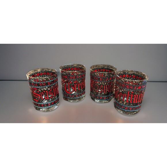 Vintage Houze Art Season’s Greetings Glasses Set of 4 12oz Double Old Fashion St - Picture 3 of 3